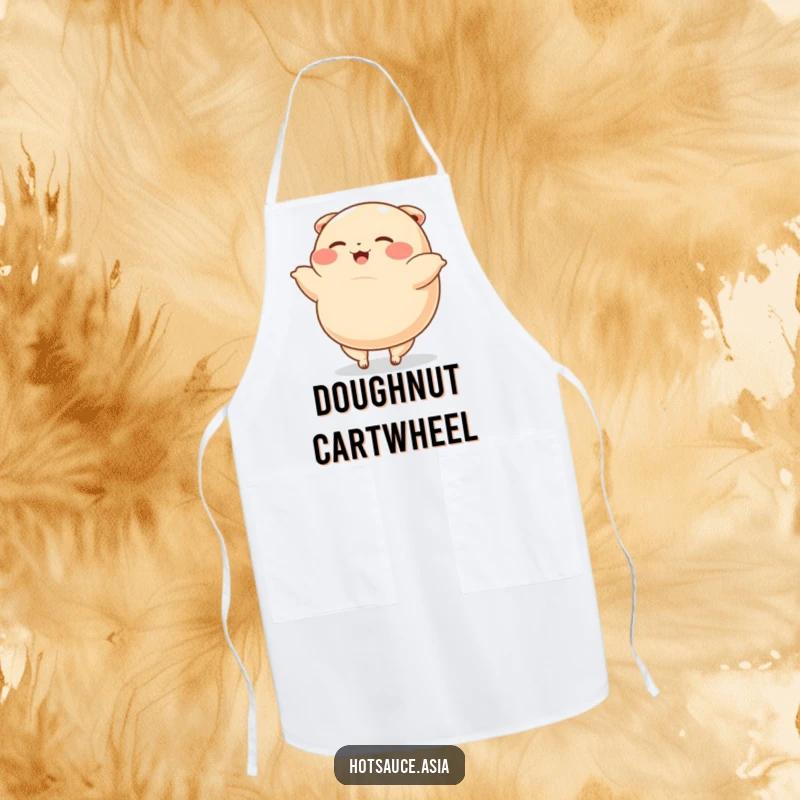 Funny Apron: A plump, happy cartoon dumpling with tiny legs does a cartwheel, bringing humorous energy to culinary tasks.