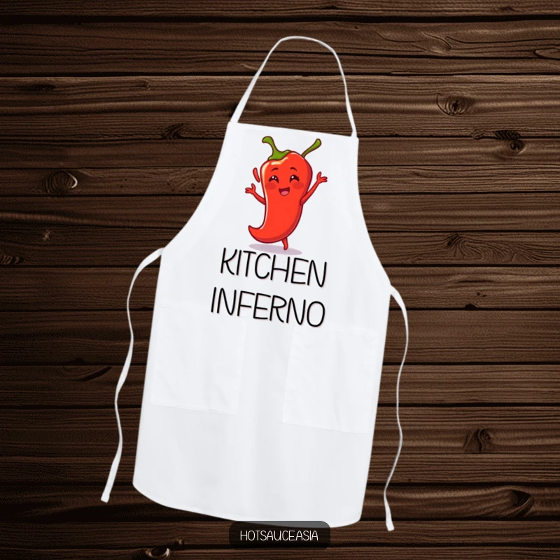 Funny Apron: A smiling cartoon chili pepper dances energetically, bringing a humorous and fiery flair to cooking.