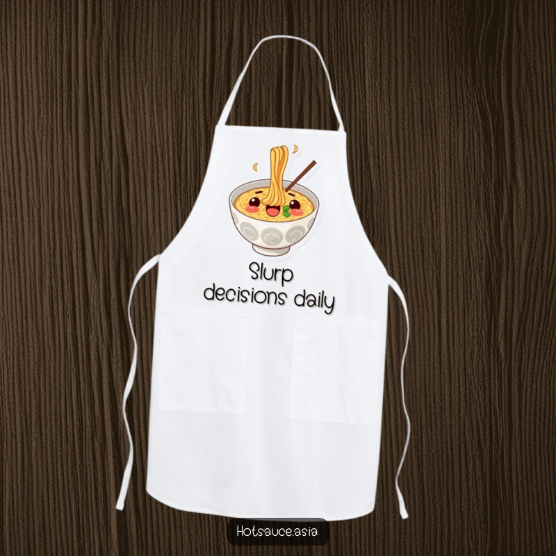 Funny Ramen Chef Apron: A surprised ramen bowl illustration happily slurping noodles, designed for kitchen fun and protection.