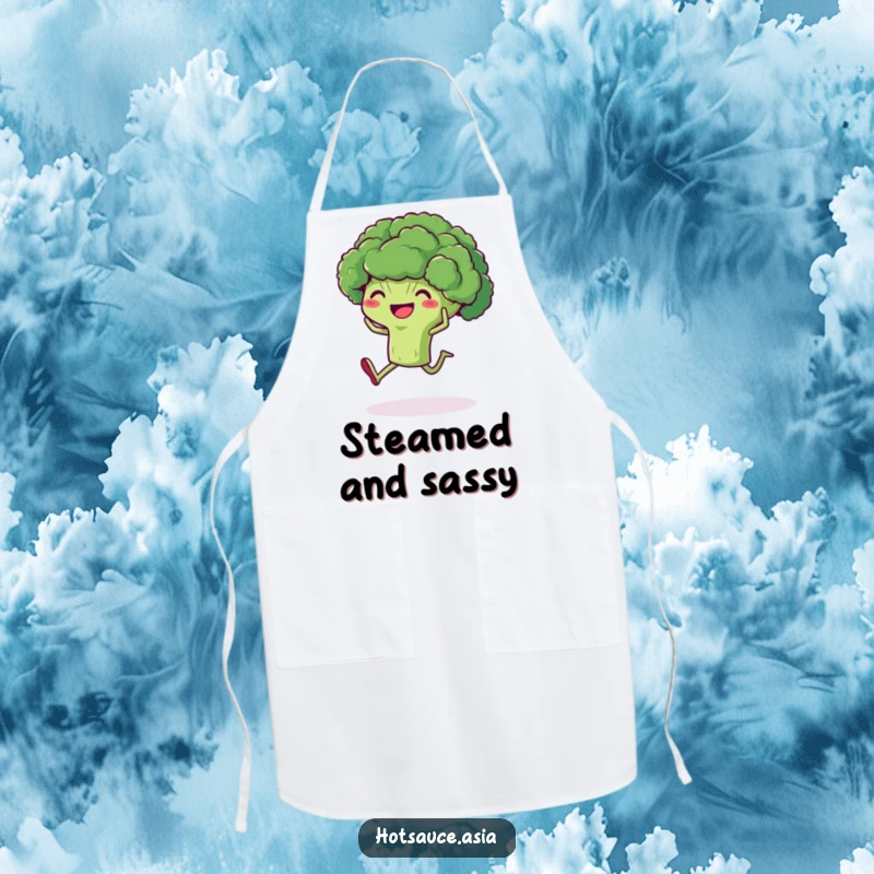 Funny Broccoli Chef Apron: A delighted piece of broccoli with legs kicking its heels up, for kitchen fun and protection.