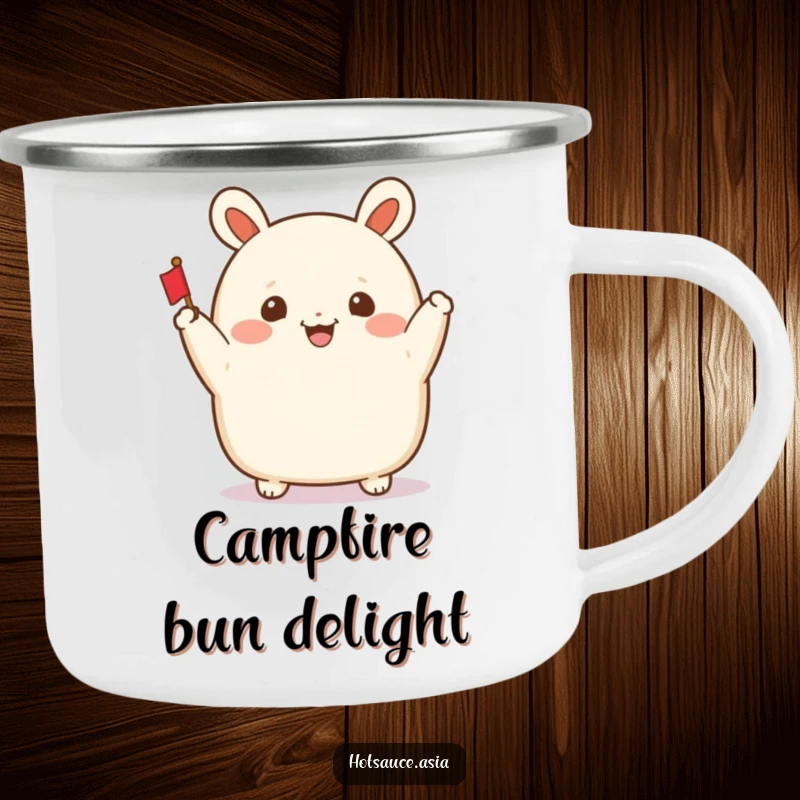 Funny Bao Bun Camping Mug: A smiling steamed bun with arms waving a tiny flag, for cheerful outdoor sips.
