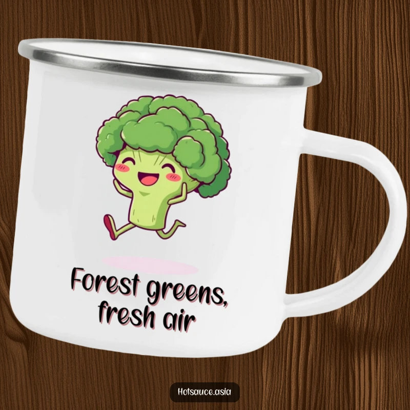 Funny Broccoli Camping Mug: A delighted piece of broccoli with legs kicking its heels up, for cheerful outdoor sips.