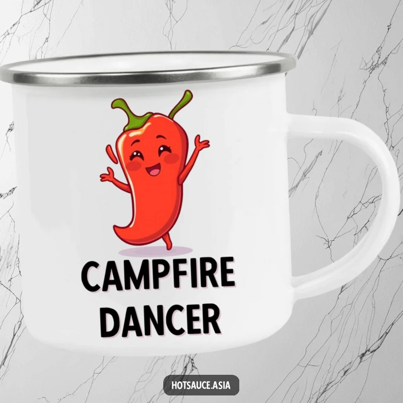 Funny Camping Mug: A smiling cartoon chili pepper dances energetically, a humorous and fiery companion for outdoor trips.