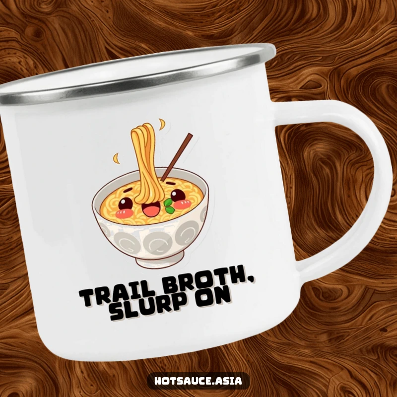 Funny Ramen Camping Mug: A surprised, cheerful ramen bowl illustration enthusiastically slurping noodles, for outdoor enjoyment.