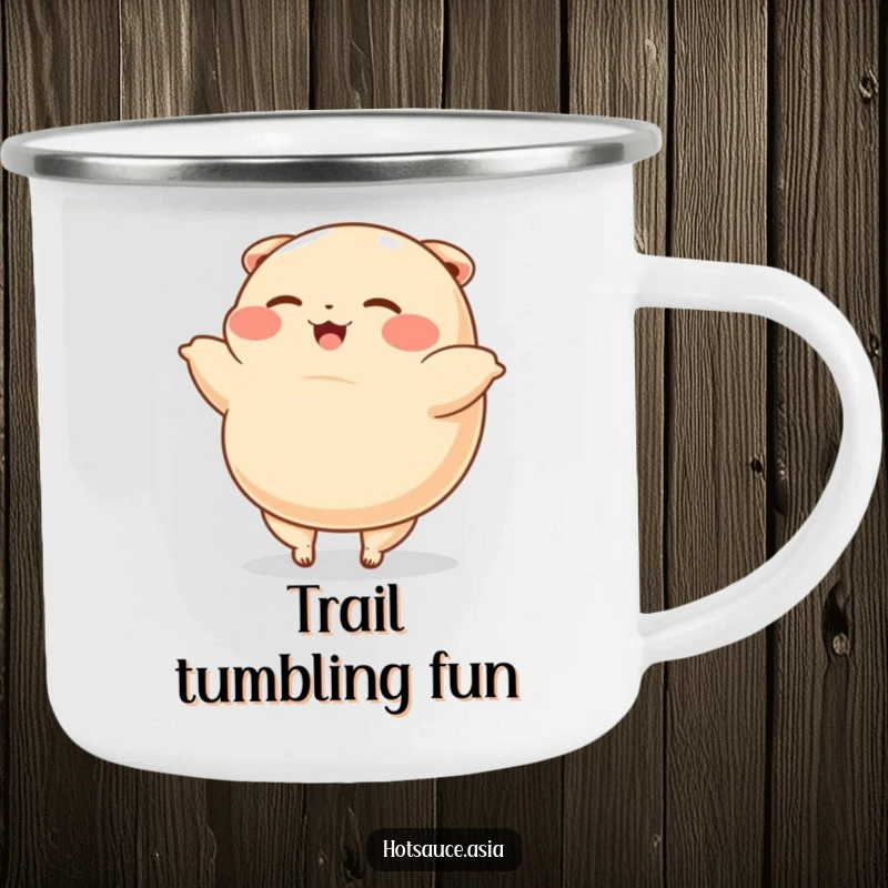 Funny Camping Mug: A plump, happy cartoon dumpling with tiny legs does a cartwheel, a humorous and joyful companion.