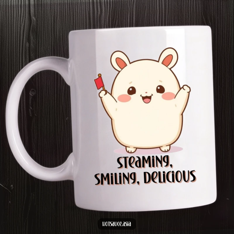 Funny Bao Bun Mug: A smiling steamed bun with arms waving a tiny flag, bringing joy and cuteness.