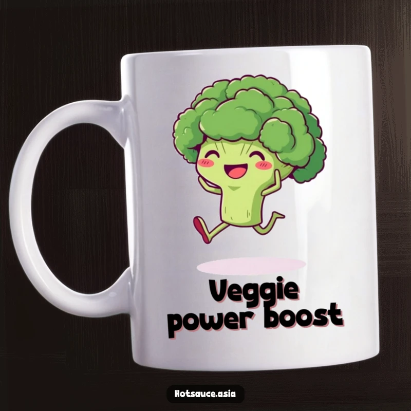 Funny Broccoli Mug: A delighted cartoon broccoli with legs joyfully kicking its heels up, celebrating healthy fun.