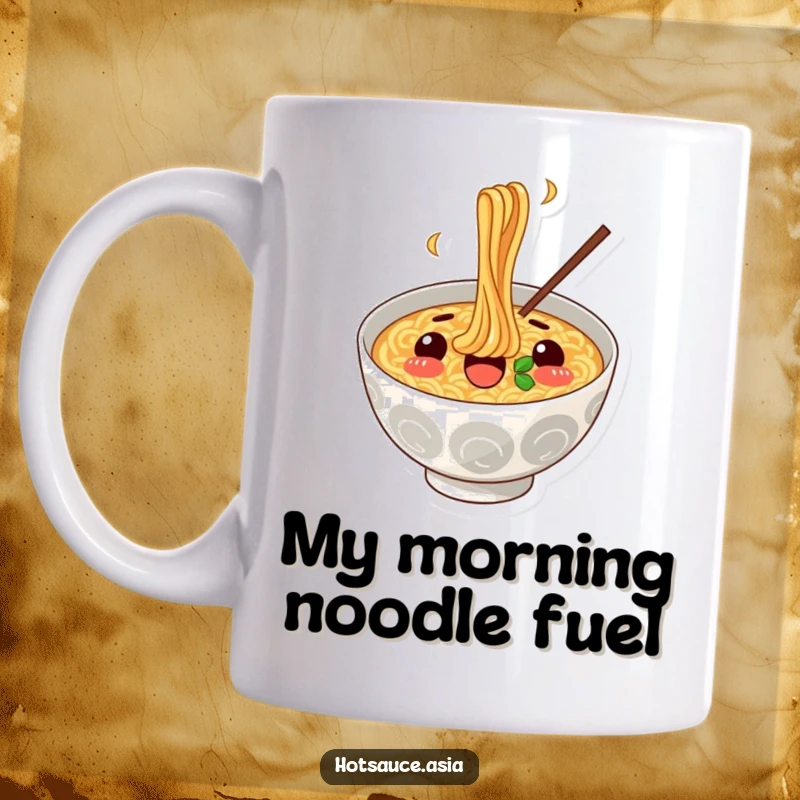 Funny Ramen Bowl Mug: A surprised, cheerful ramen illustration happily slurping noodles, perfect for food lovers.