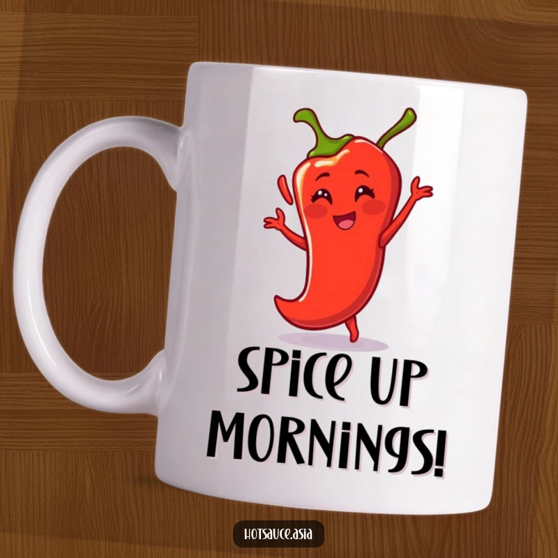 Funny Mug: A fiery red chili pepper with smiling eyes dances energetically, radiating fun and spicy humor.