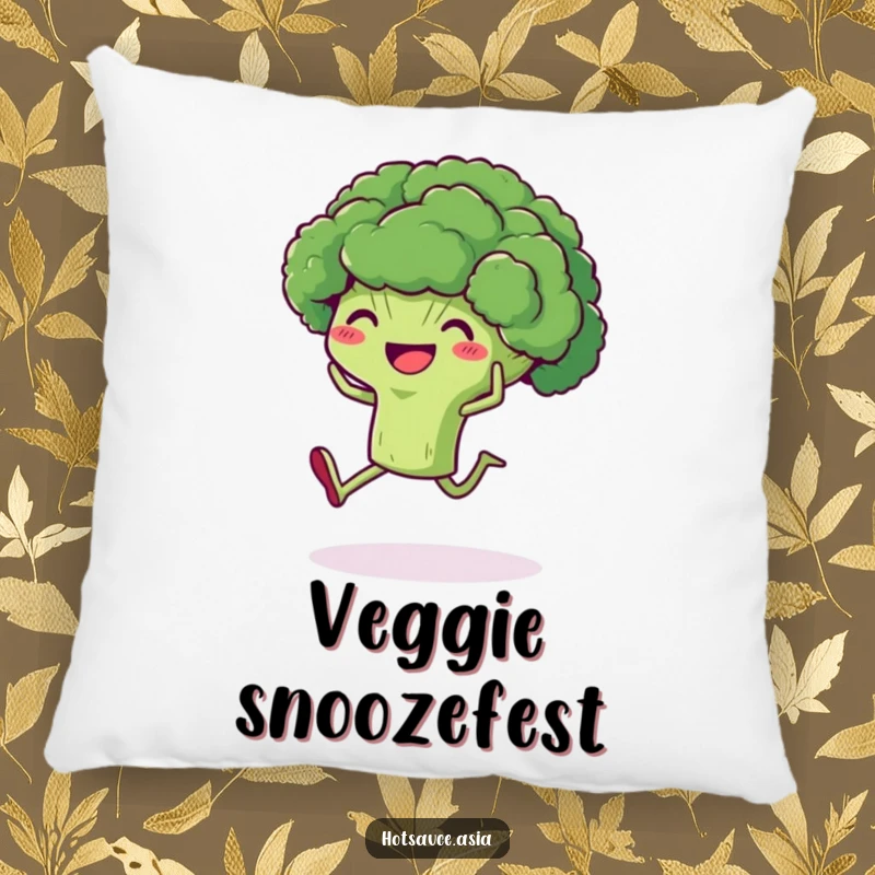 Funny Broccoli Pillow: A delighted broccoli character with legs kicking its heels up, providing soft comfort and cheer.