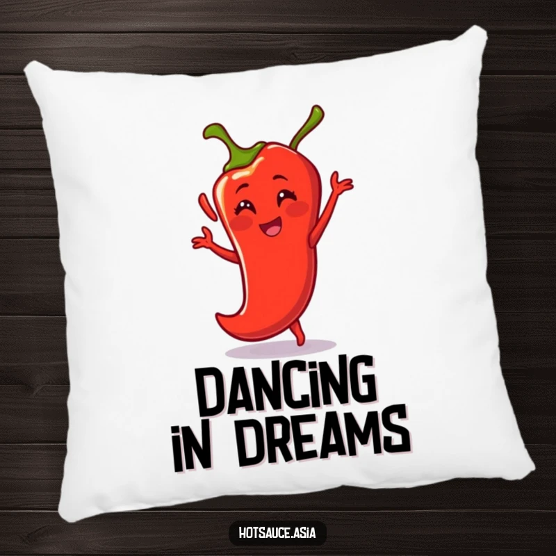 Funny Pillow: A smiling cartoon chili pepper dances energetically, offering a humorous and cozy decorative accent.