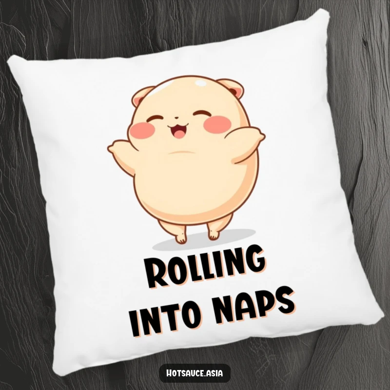 Funny Pillow: A plump, happy cartoon dumpling with tiny legs does a cartwheel, offering a humorous and soft comfort.