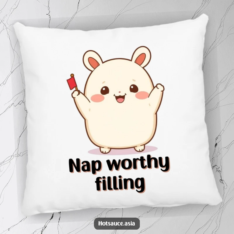 Funny Bao Bun Pillow: A smiling bao bun character with arms waving a tiny flag, providing soft comfort and cheer.