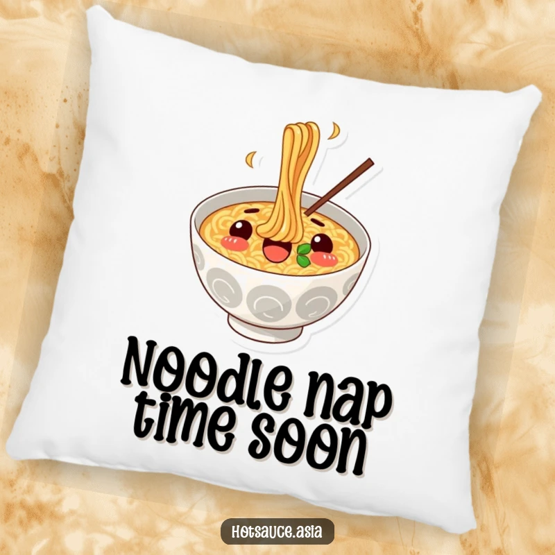 Funny Ramen Surprise Pillow: A cheerful, surprised ramen bowl illustration happily slurping noodles, adding a humorous touch to decor.