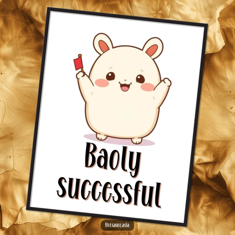 Funny Bao Bun Wall Art: A smiling steamed bun with arms waving a tiny flag, perfect for instant cheerful decor.