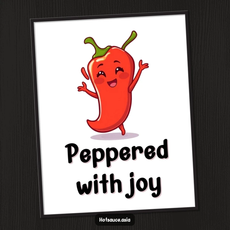 Funny Digital Art Print: A fiery red cartoon chili pepper with smiling eyes dances energetically, a humorous and vibrant artwork.