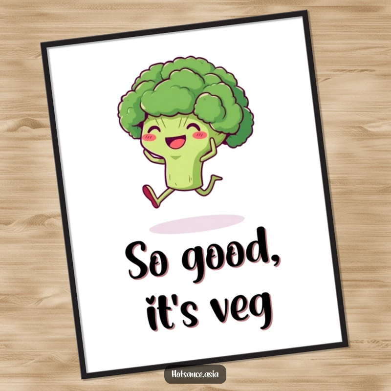 Funny Broccoli Wall Art: A delighted piece of broccoli with legs kicking its heels up, perfect for instant energetic decor.