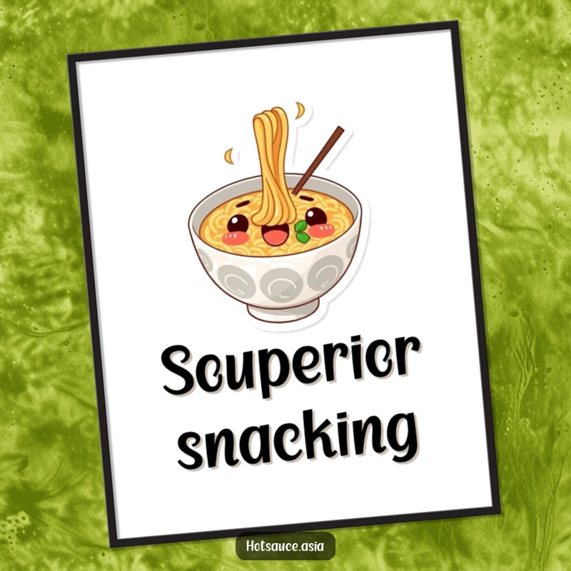 Funny Ramen Wall Art: A surprised illustration of a cheerful ramen bowl slurping noodles, perfect for instant joyful decor.