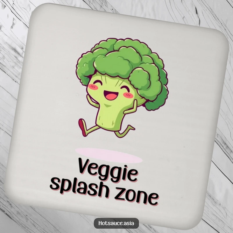Funny Broccoli Coaster: A delighted broccoli character with legs kicking its heels up, protecting tables with humor.