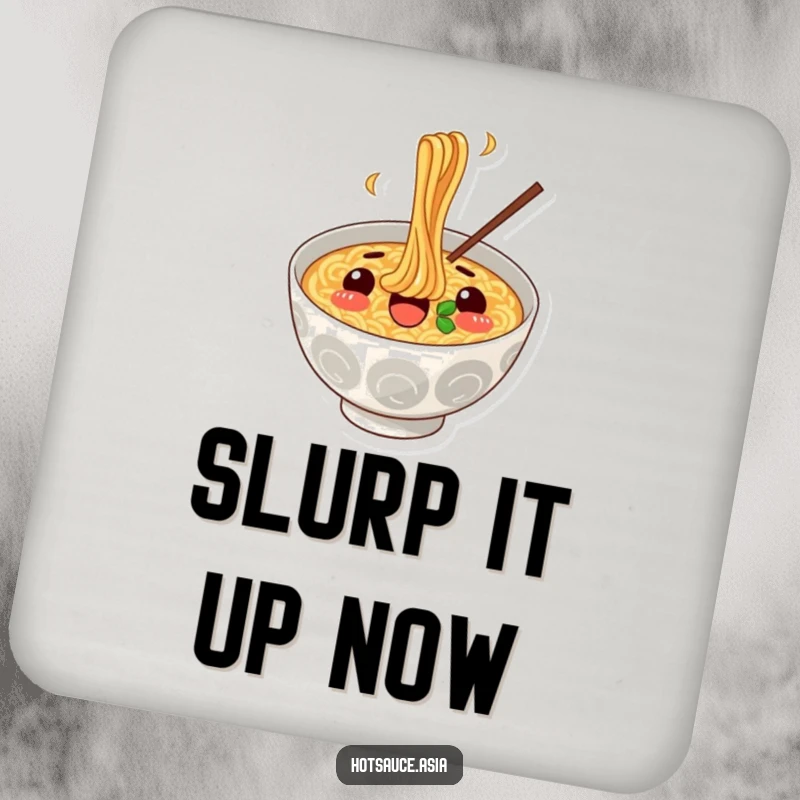 Funny Ramen Coaster: A surprised ramen bowl illustration gleefully slurping noodles, protecting surfaces with humor.