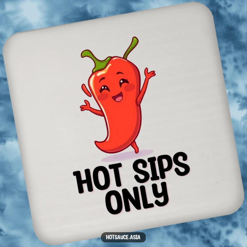 Funny Coaster: A smiling cartoon chili pepper dances energetically, offering humorous protection with a spicy flair.