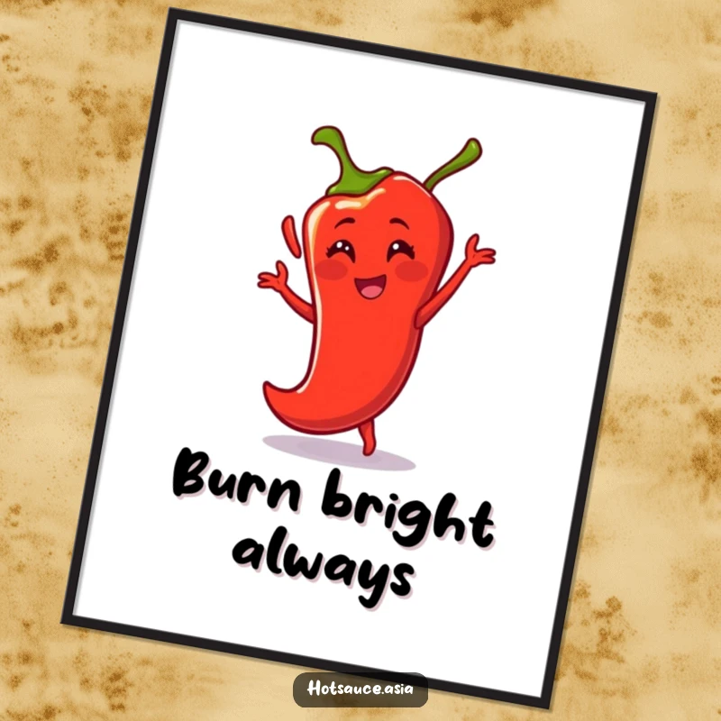 Funny Poster: A fiery red cartoon chili pepper with smiling eyes dances energetically, creating a humorous and vibrant art piece.