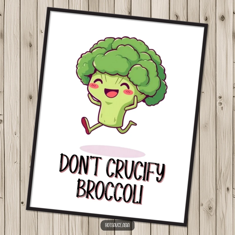 Funny Broccoli Poster: A delighted cartoon broccoli with legs kicking its heels up, bringing fun and health vibes to walls.
