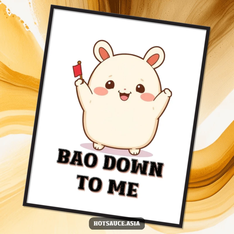 Funny Bao Bun Poster: A smiling steamed bun with arms waving a tiny flag, bringing cheerful vibes to any wall.