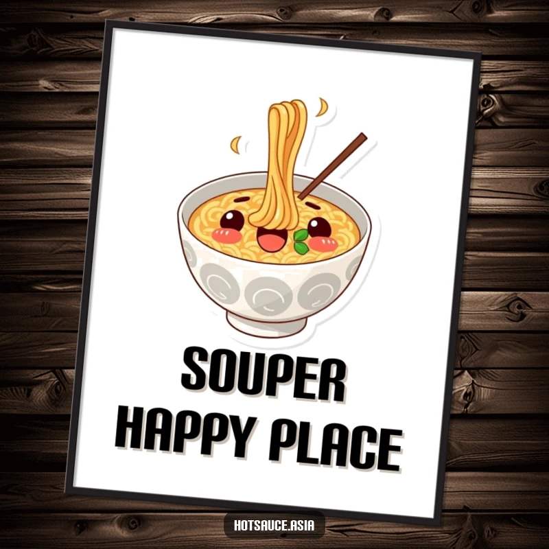 Funny Ramen Bowl Poster: A surprised illustration of a cheerful ramen bowl enthusiastically slurping noodles, adding humor to walls.