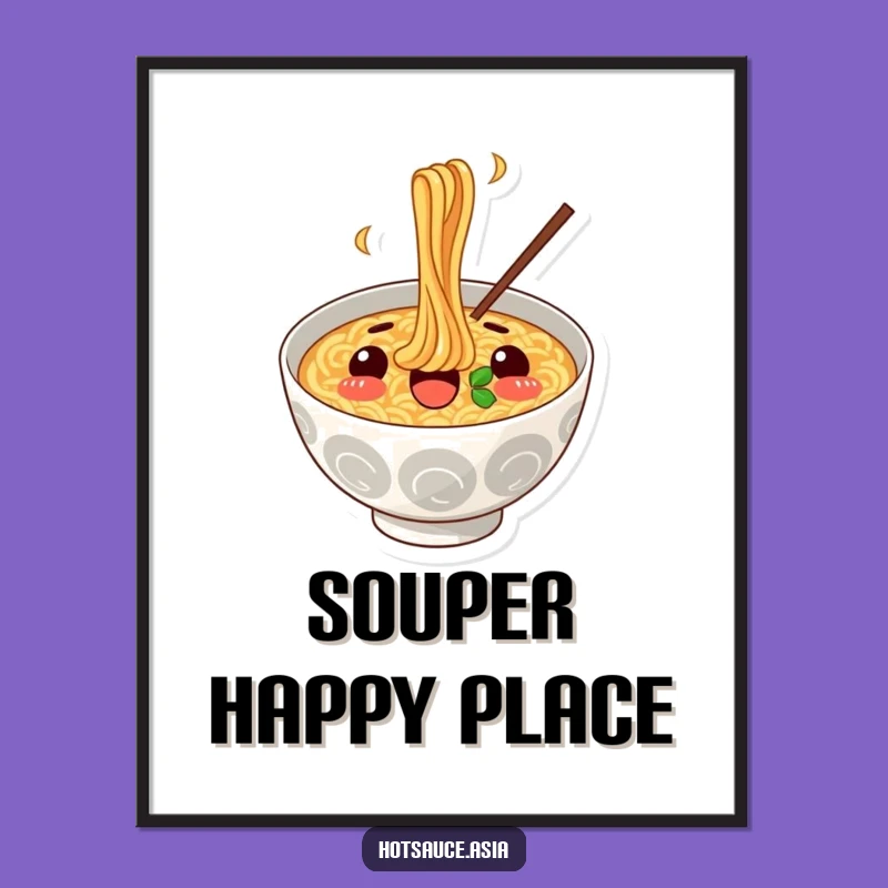 Funny Ramen Bowl Art Print: Surprised Noodle Slurp Poster for Kitchen Decor