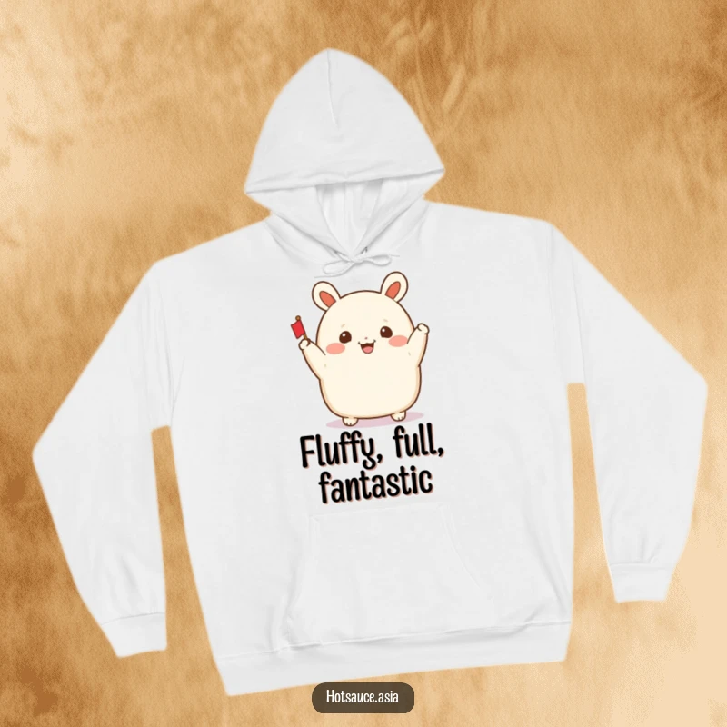 Funny Bao Bun Hoodie: A smiling steamed bun character with arms waving a tiny flag, designed for comfort and cheer.