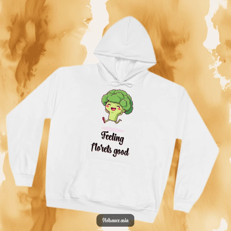 Funny Broccoli Hoodie: A delighted cartoon broccoli with legs kicking its heels up, designed for cozy, healthy vibes.