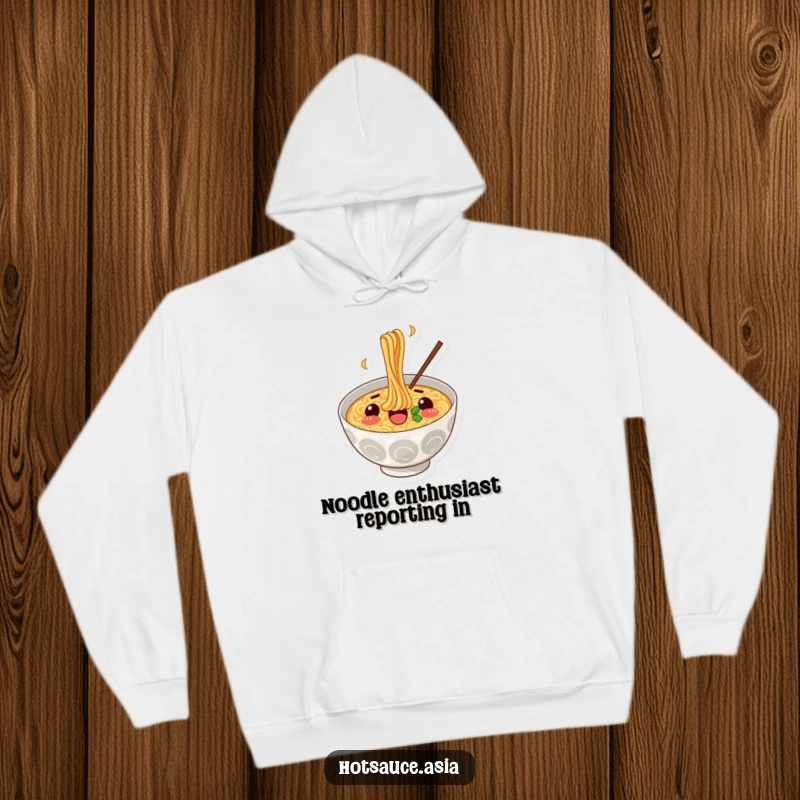 Funny Ramen Bowl Hoodie: A cheerful, surprised ramen illustration enthusiastically slurping noodles, designed for comfort and laughs.