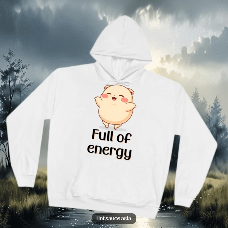 Funny Hoodie: A happy cartoon dumpling with tiny legs performs a cartwheel, offering a humorous and comforting embrace.
