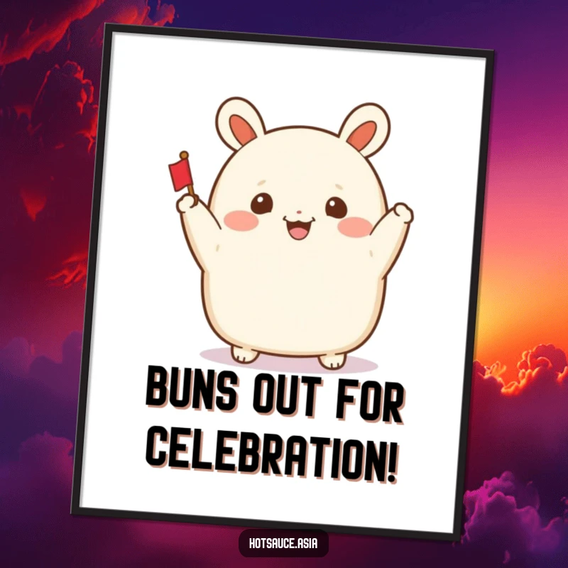 Funny Free Printable Bao Bun Wall Art: A smiling bao bun with arms waves a tiny flag, adding cheer to any space.