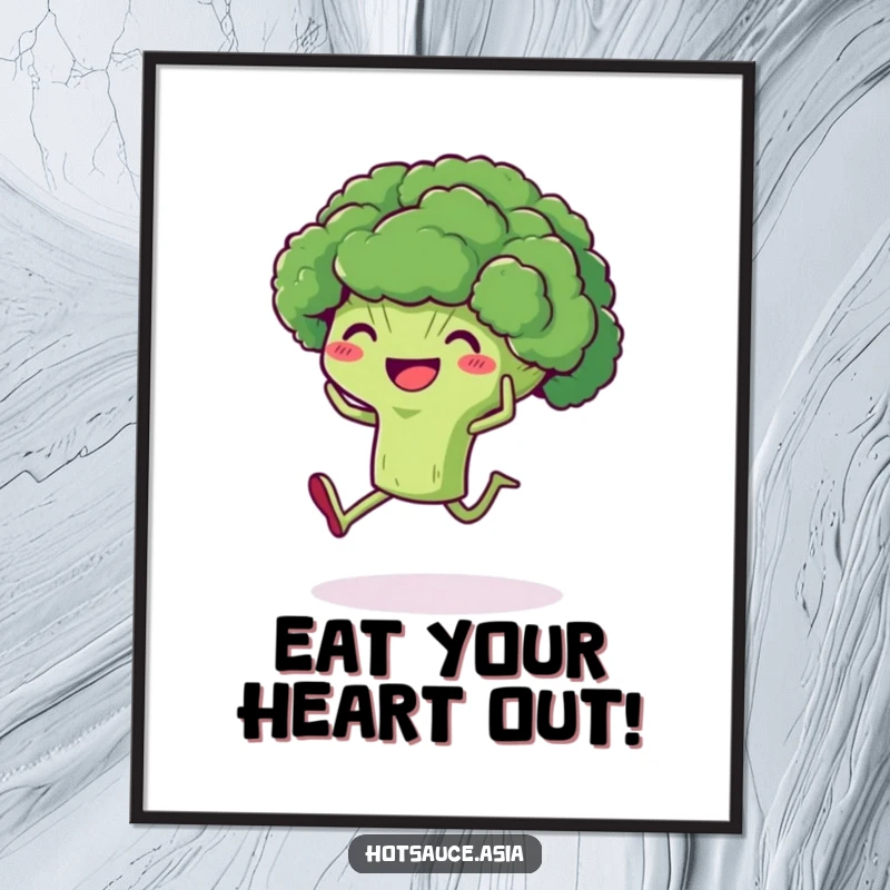 Funny Free Printable Broccoli Wall Art: A delighted broccoli with legs kicking its heels up, bringing fun to the room.