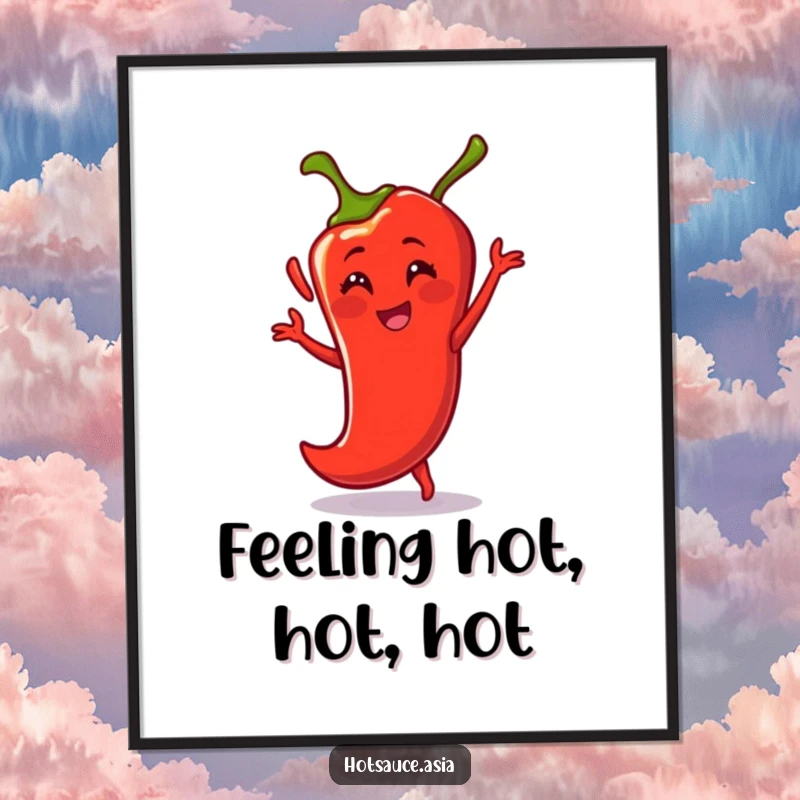 Funny Free Printable Wall Art: A fiery red chili pepper with smiling eyes dances energetically.
