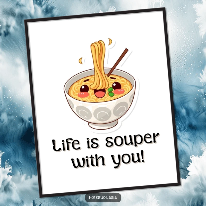 Funny Free Printable Ramen Wall Art: A surprised ramen bowl enthusiastically slurping noodles, bringing joy to any room.