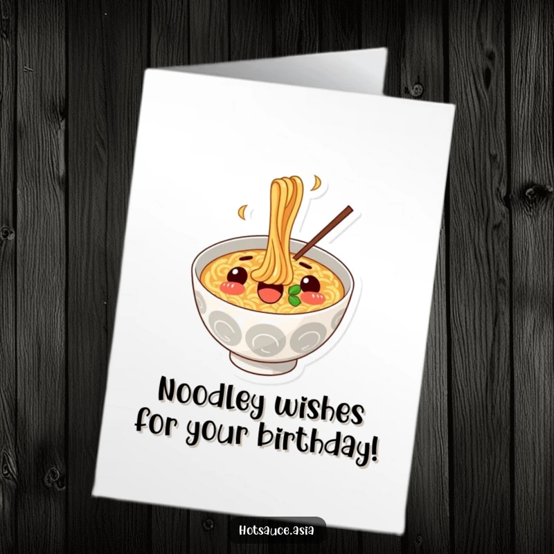Funny Free Printable Ramen Birthday Card: A surprised ramen bowl happily slurping noodles, perfect for a joyous birthday.