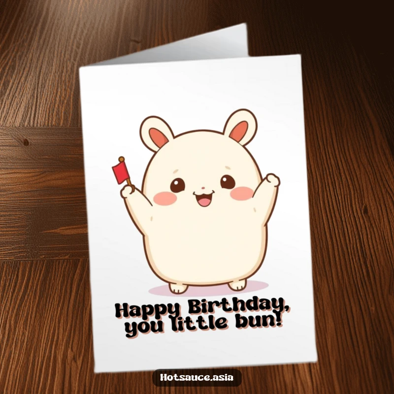 Funny Free Printable Bao Bun Birthday Card: A smiling bao bun with arms waves a tiny flag, celebrating a birthday.