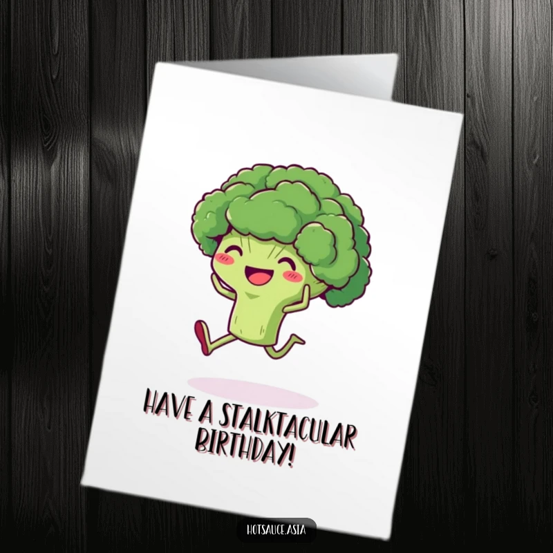 Funny Free Printable Broccoli Birthday Card: A delighted broccoli with legs kicks its heels up, celebrating a birthday.