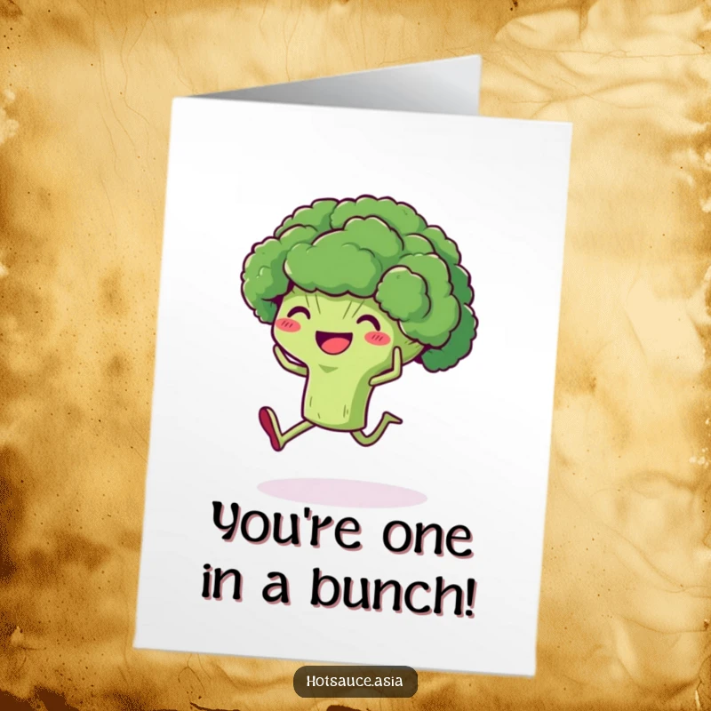 Funny Free Printable Broccoli Congratulations Card: A delighted broccoli with legs kicks its heels up to celebrate success.