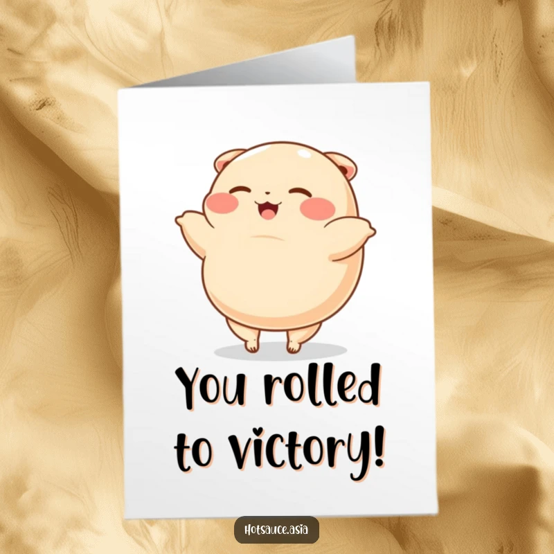 Funny Free Printable Congrats Card: A happy dumpling with tiny legs cartwheels, celebrating success.