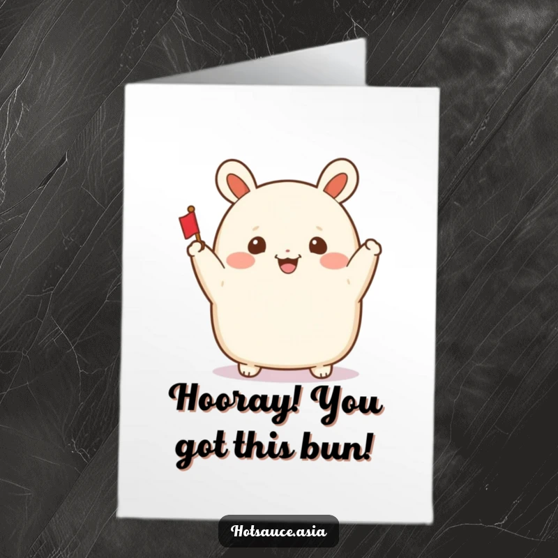 Funny Free Printable Bao Bun Congratulations Card: A smiling bao bun happily waves a tiny flag to congratulate someone.