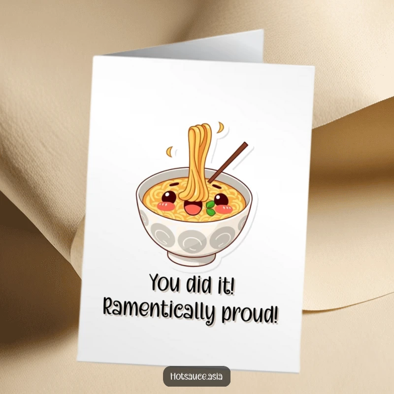 Funny Free Printable Ramen Congratulations Card: A surprised ramen bowl joyfully slurping noodles to celebrate an achievement.