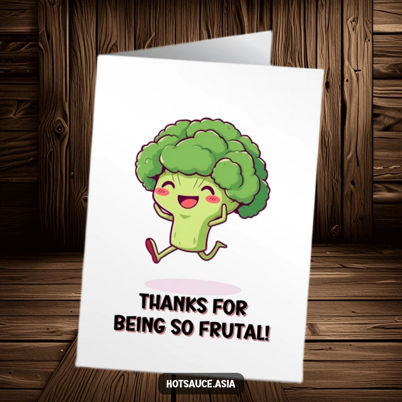 Funny Free Printable Broccoli Thank You Card: A delighted broccoli with legs kicks its heels up to say thank you.