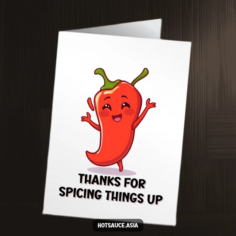 Funny Free Printable Thank You Card: A happy red chili pepper dances energetically, conveying thanks.