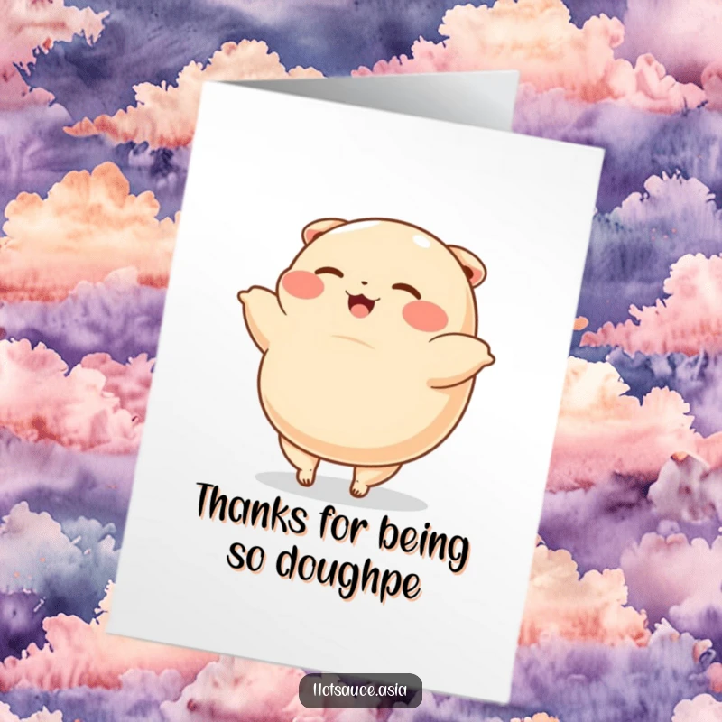 Funny Free Printable Thank You Card: A happy dumpling with tiny legs does a cartwheel, conveying thanks.