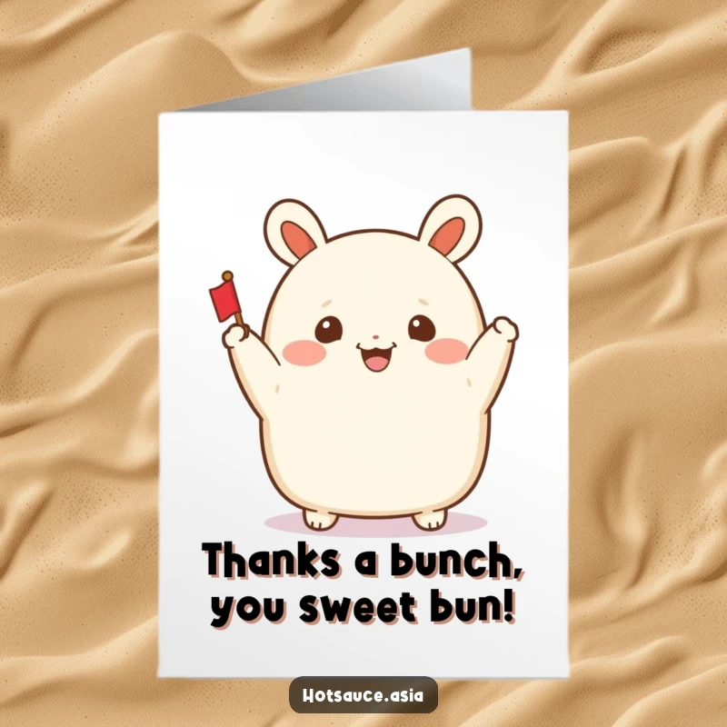 Funny Free Printable Bao Bun Thank You Card: A smiling bao bun waves a tiny flag, offering a cheerful thank you.