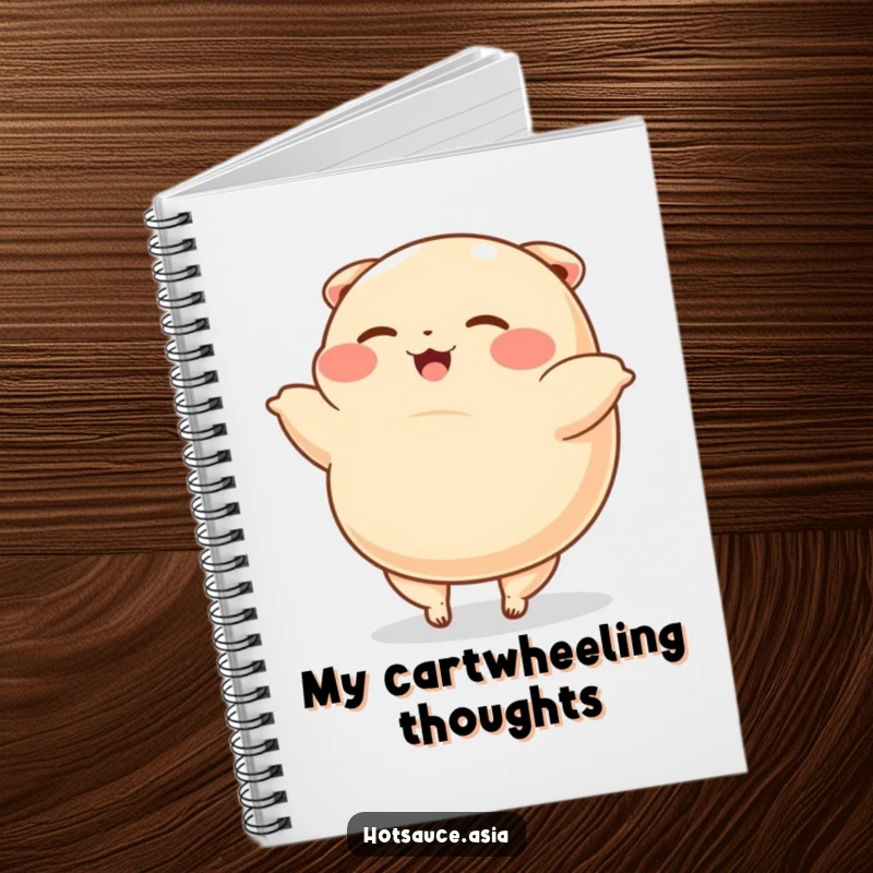 Funny Notebook: A plump, happy cartoon dumpling with tiny legs does a cartwheel, perfect for jotting down cheerful and humorous notes.